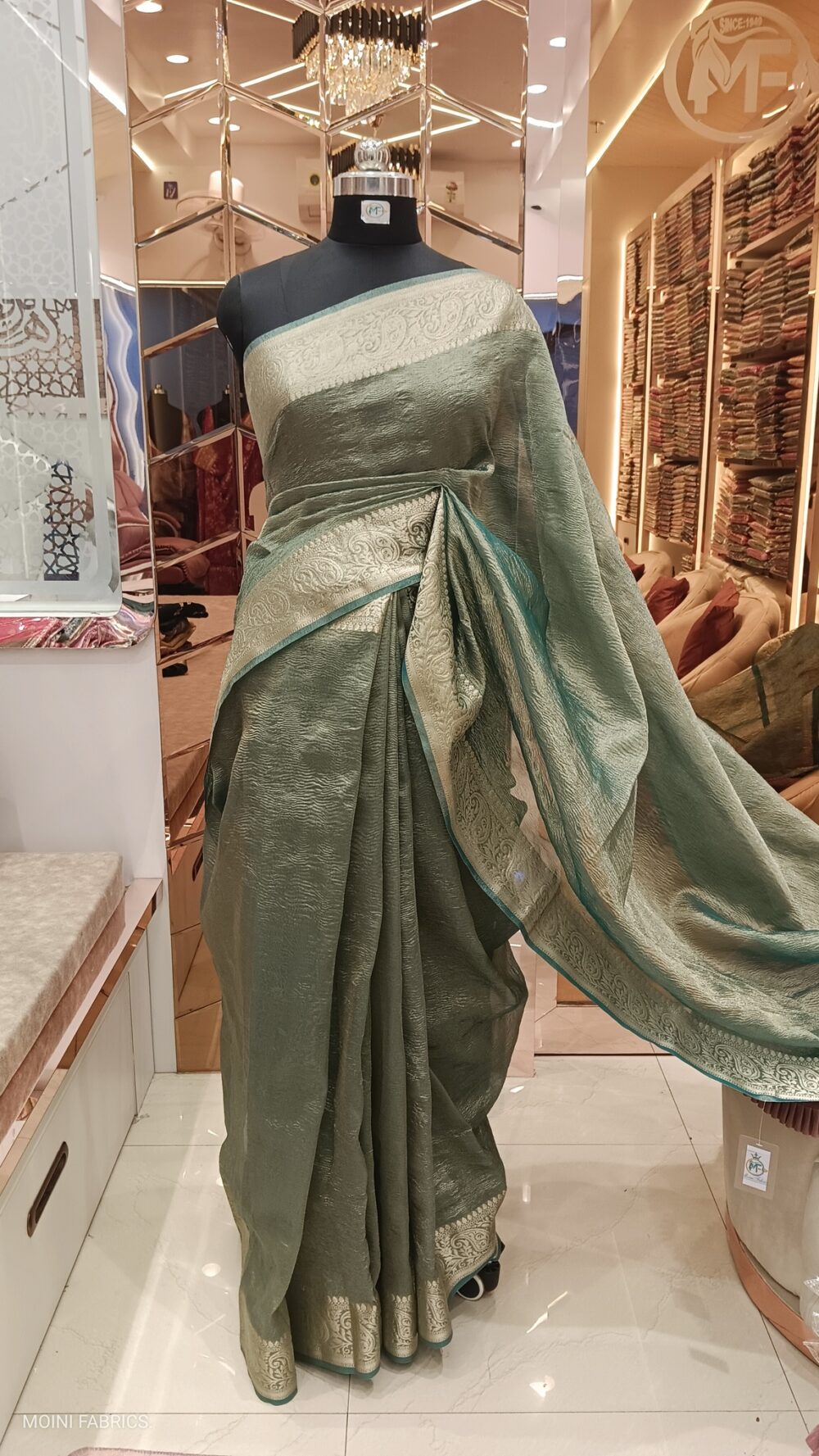 Moini Fabrics - Banarasi Tissue Plain Border Saree.