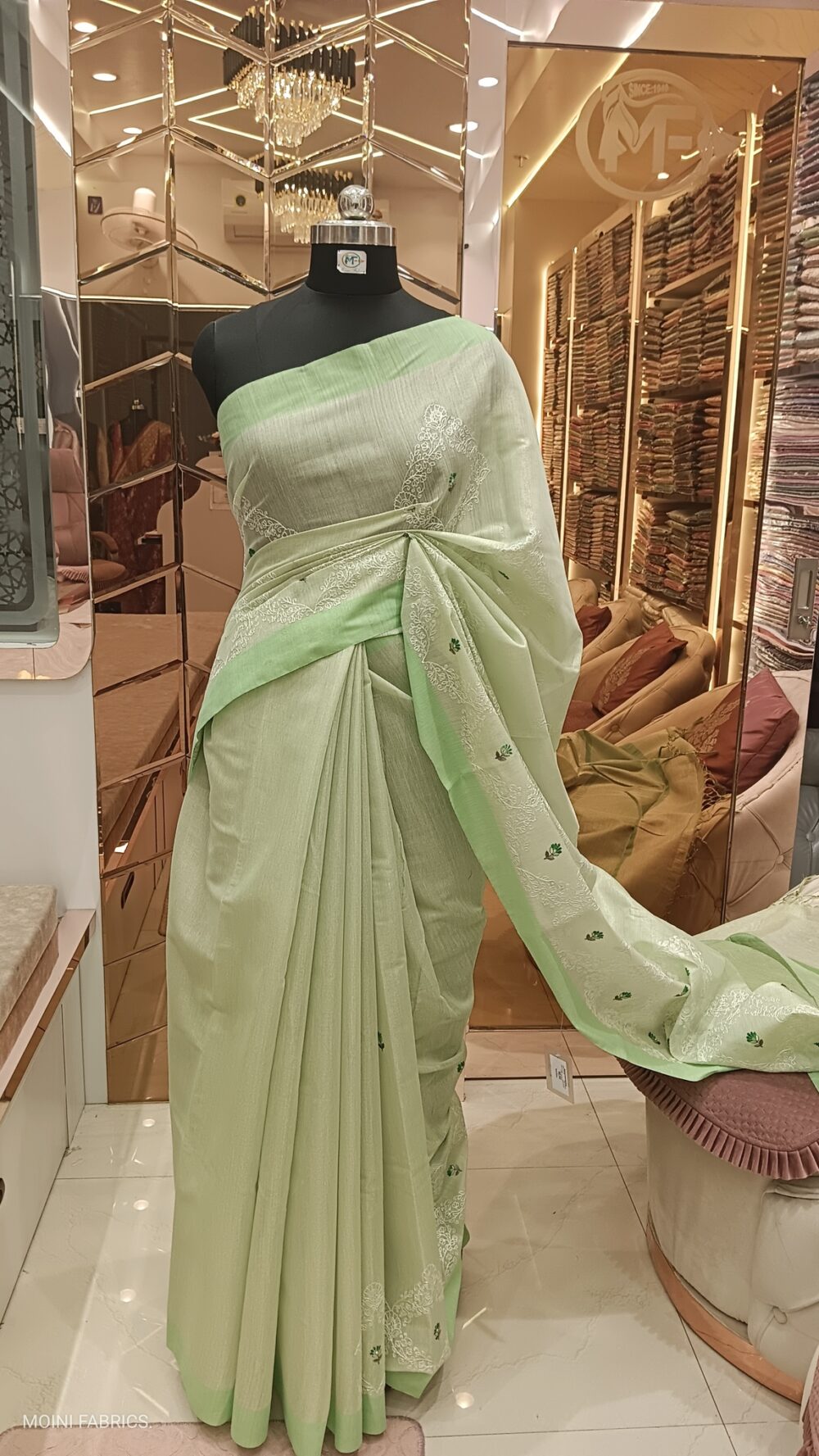 Moini Fabrics - Banarasi linen Embroidery Saree.