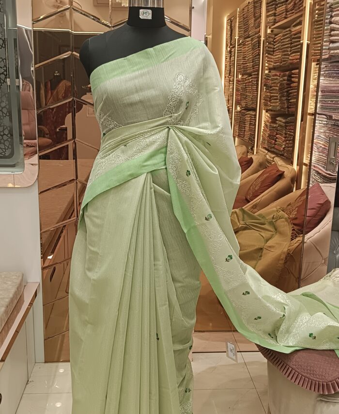 Moini Fabrics - Banarasi linen Embroidery Saree.