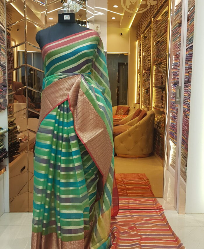 MOINI FABRICS - Banarasi Organza Rangkat Stripe Saree.
