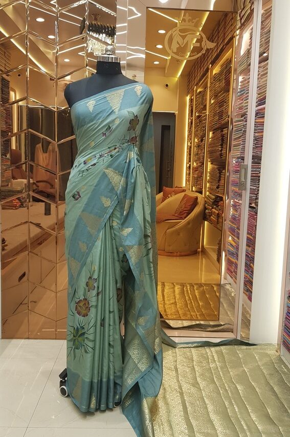 MOINI FABRICS - Banarasi Dupion Hand Brush Print Saree.