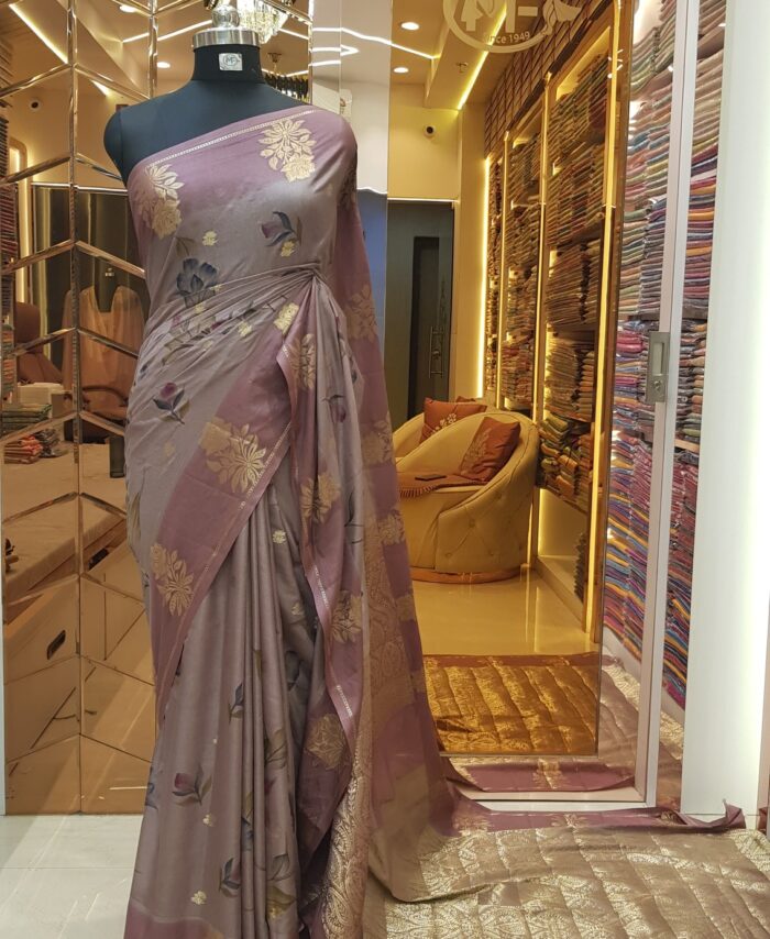 MOINI FABRICS - Banarasi Dupion Hand Brush Print Saree.