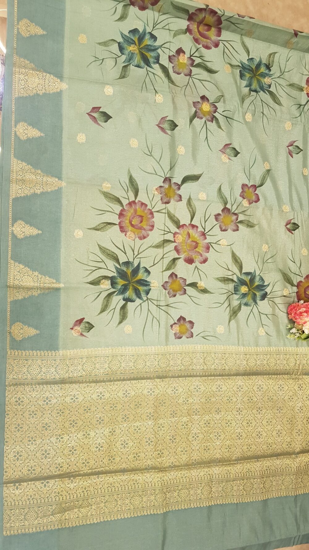 MOINI FABRICS - Banarasi Dupion Hand Brush Print Saree. - Image 4